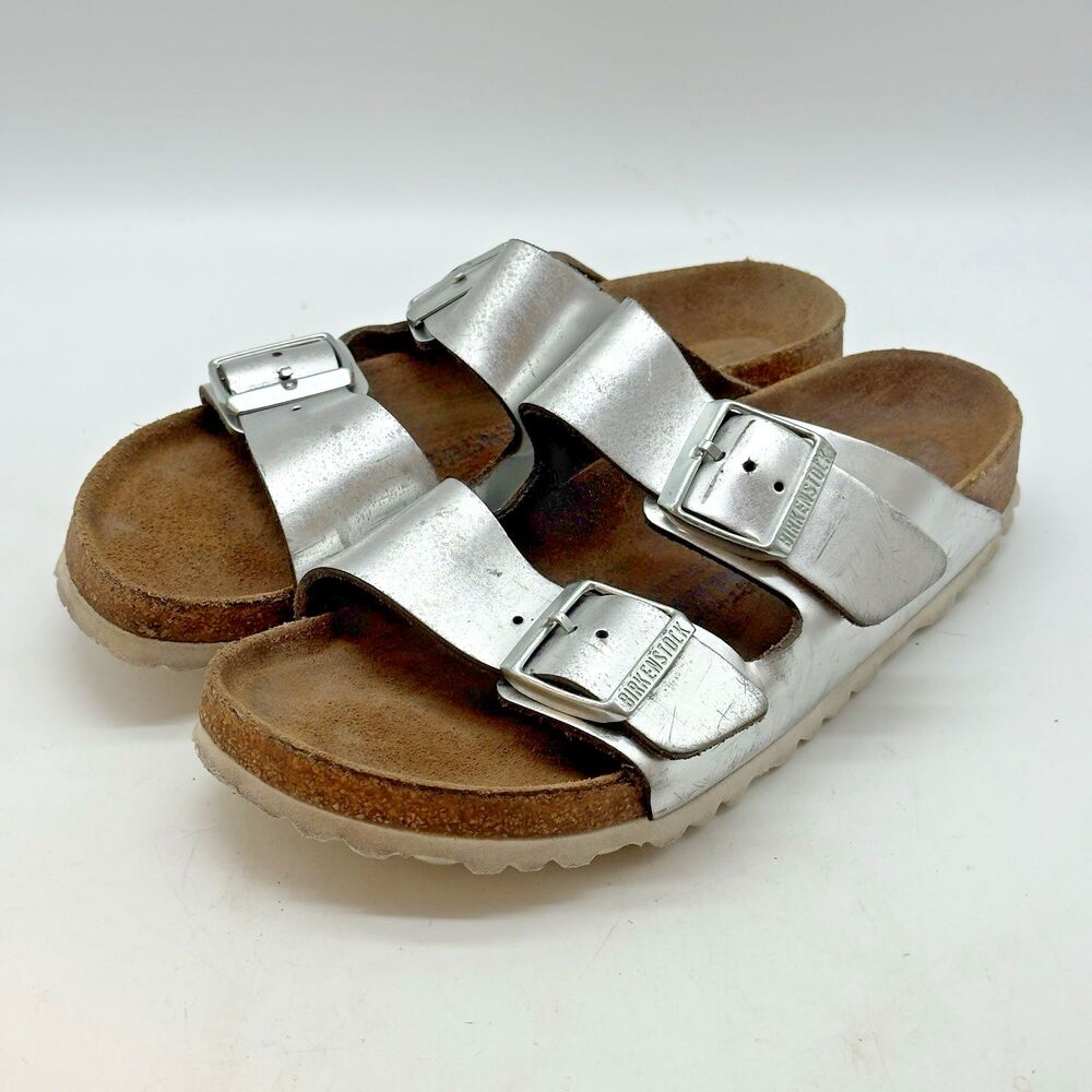 Birkenstock Arizona Metallic Silver Soft Footbed Women's 6 EU 37 Double Buckle